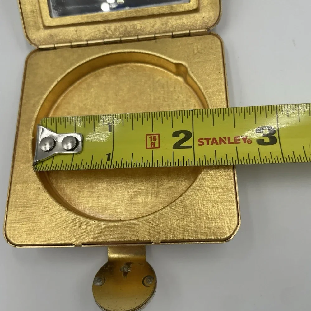 Vintage Gold Tone Metal Rhinestone Clasp Mirror Powder Compact Box Avon Imperial